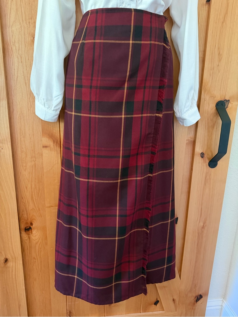 Vintage 90s Tartan Plaid Fringe Ankle Maxi Wrap Skirt 14 Holiday Heritage Prep - Picture 4 of 11